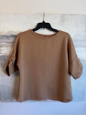 Max Studio London Textured Waffle Knit Top XS Camel Short Sleeve Crew Neck